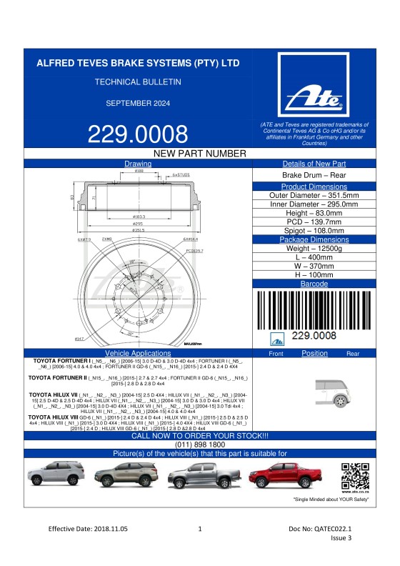 229.0008 NEW! Brake Drum for Toyota Fortuner I 2006-, Toyota Fortuner II 2015-, Toyota Hilux VII 2004-, Toyota Hilux  VIII 2015-. featured image